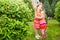 Portrait of happy adorable two sisters children girls outdoor. Cute little kid in summer day