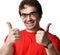 Portrait of happy adult man in red t-shirt and glasses gesturing thumbs up signs with both hands over white background