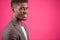 Portrait of happy Africanamerican male in grey suit jacket