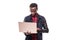 Portrait of happy afroamerican man using laptop on white background