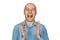 Portrait happy bald guy office worker glad to win. White bald man in blue shirt, claps hands on white isolated background and