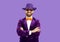 Portrait of happy bearded man wearing purple hat, suit, crazy bow tie and party glasses