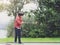 Portrait of Happy child playing mini golf in the park, Active Kid boy playing crazy golf on holiday, Children enjoying his