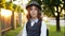 Portrait of happy cute clever boy with school bag. modern backpack. Child is ready to answer. First time to school. Back