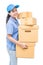 Portrait of happy delivery asian woman her hands holding cardboard box