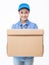 Portrait of happy delivery asian woman her hands holding cardboard box