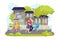 Portrait of happy family walking with baby stroller vector illustration. Family together in summer town park with trees