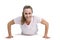 Portrait of happy fit woman doing push ups