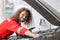 portrait happy garage mechanic male worker working fix service maintenance auto vehicle engine