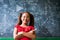 Portrait Happy Girl Resolving Complex Math Problem On Blackboard