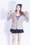 Portrait of Happy and Glad Exclaiming Thin Brunette Girl in Trendy Jacket Posing in Skirt