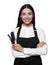 Portrait of happy hairdresser with professional combs on white background