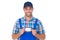 Portrait of happy handyman holding visiting card