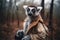 portrait of happy lemur wearing travel clothes on vacation created with Generative AI technology