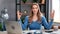 Portrait happy relaxation woman at desk with laptop yoga mudra stress free position at home office