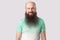 Portrait of happy satisfied middle aged bald man with long beard in light green t-shirt standing and looking at camera with toothy