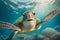 Portrait of a happy sea turtle swimming underwater.Generative AI