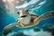 Portrait of a happy sea turtle swimming underwater.Generative AI