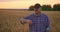 Portrait of a happy Senior adult farmer in a cap in a field of grain looking at the sunset. Wheat field of cereals at