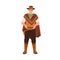 Portrait of happy smiling cowboy in hat standing in retro western outfit. American man from wild west with hands on belt