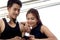 Portrait of happy smiling partner buddy runner man and woman lover using mobile phone, exercise run outdoor, partner buddy runner