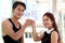 Portrait of happy smiling partner buddy sport runner man and woman lover joining fists, exercise run outdoor, partner buddy runner