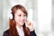 Portrait of happy smiling support phone operator in headset