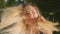 Portrait of happy smiling young woman bending down and looking at camera in the garden