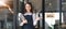 Portrait of a happy waitress standing at restaurant entrance. Portrait of mature business womanattend new customers in