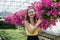 portrait of a happy woman greenhouse owner posing between her flowers