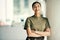 Portrait of happy woman soldier with confidence, pride and mockup outside army building with arms crossed. Professional