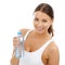 Portrait, happy woman and water bottle in studio for Fitness break, energy and detox on white background. Sports