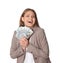Portrait of happy young businesswoman with money