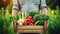 Portrait of a happy young farmer holding fresh vegetables in a basket. On a background of nature The concept of biological, bio