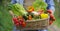 Portrait of a happy young farmer holding fresh vegetables in a basket. On a background of nature The concept of biological, bio pr