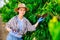 Portrait of hardworking woman farmer, picking cherries from a tree