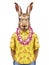 Portrait of Hare in summer shirt with Hawaiian Lei.