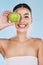 Portrait, health and beauty with woman with an apple for vitamins, minerals or nutrients. Healthy diet, lifestyle and