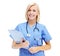 Portrait, health and documents with a nurse woman in studio isolated on a white background for insurance. Hospital