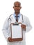 Portrait, healthcare and man doctor with clipboard, paper or form offer in studio on white background. Medical, mockup