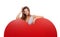 Portrait, heart and mockup with a woman on valentines day in studio isolated on a white background. Love, emoji and