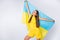 Portrait of her she nice beautiful pretty dreamy cheerful straight-haired girl fan holding in hands Ukrainian flag trip