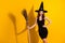 Portrait of her she nice-looking attractive pretty slender cheerful cheery lady wizard holding in hand broom magic