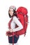 Portrait of hiker woman with backpack isolated on white background