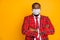 Portrait of his he attractive dark skin guy look seriously arms folded strict boss person wear plaid costume gauze mask