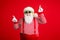 Portrait of his he handsome bearded fat overweight cheerful Santa listening music bass single song stereo sound dancing