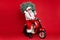 Portrait of his he nice bearded cheerful fat big belly Santa sitting on moped carrying fir tree dream winter fairy ho-ho