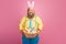Portrait of his he nice friendly careful funky glad bearded guy giving you festal Easter handmade basket congratulating