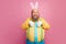 Portrait of his he nice funky cheerful cheery bearded guy wearing bunny ears white gloves pretending paws like rabbit