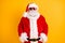 Portrait of his he nice funny fashionable confident white-haired Santa holding belt wearing December fluffy look outfit